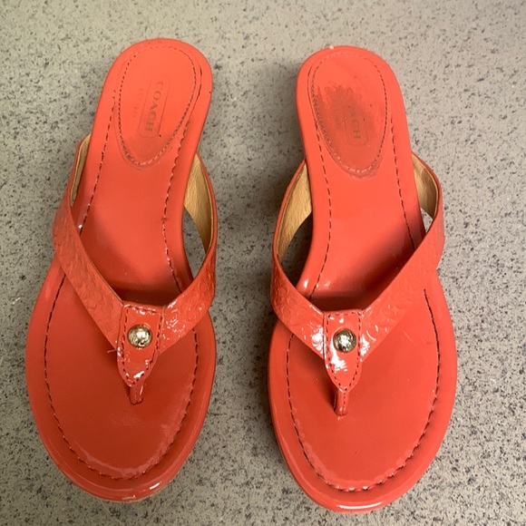Coach Shoes Coach Womens Orange Embossed Tulip Patent Wedge Thong Sandals Poshmark